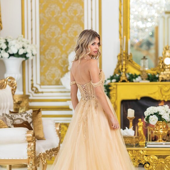 New Off Shoulder Long Semi-Ball Gown w/ Sheer Beads Embellished Bodice DQ 4490 - Picture 6 of 8